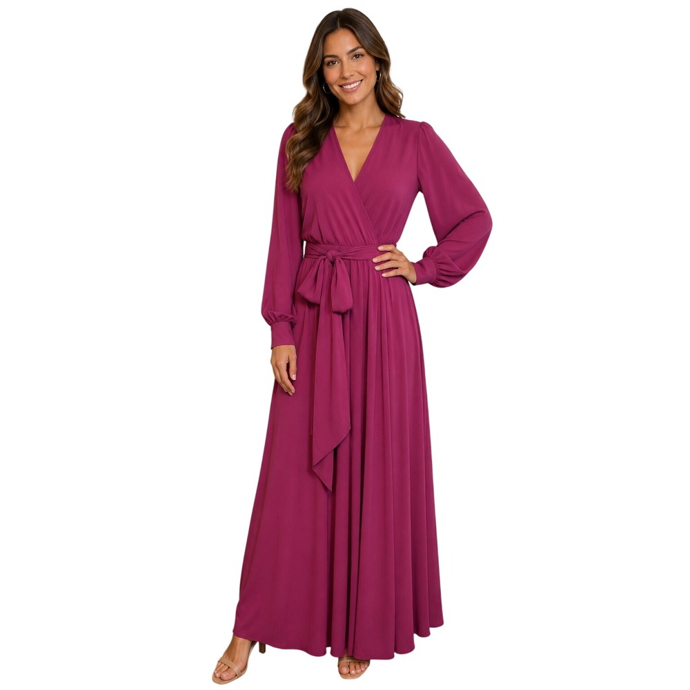 NEW Magenta Pink Wrap Maxi Dress Long Bishop Sleeve Pearl Cuff Wedding Guest L
